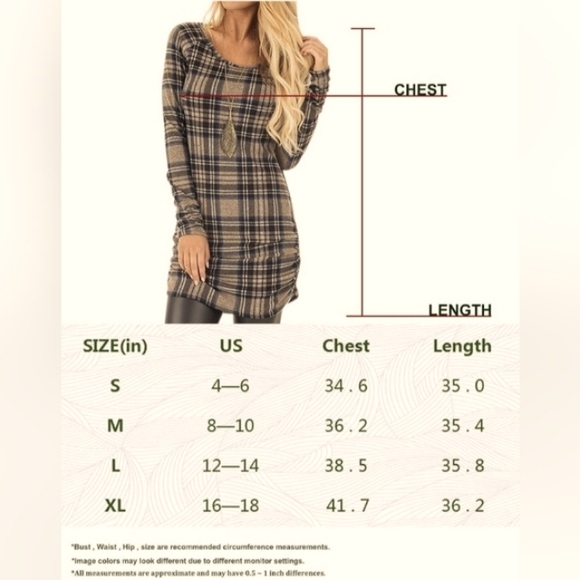 006 Plaid Fitted Fall / Winter Dress With Ruching on Sides and 3/4 Sleeves Sz. L - Picture 4 of 10